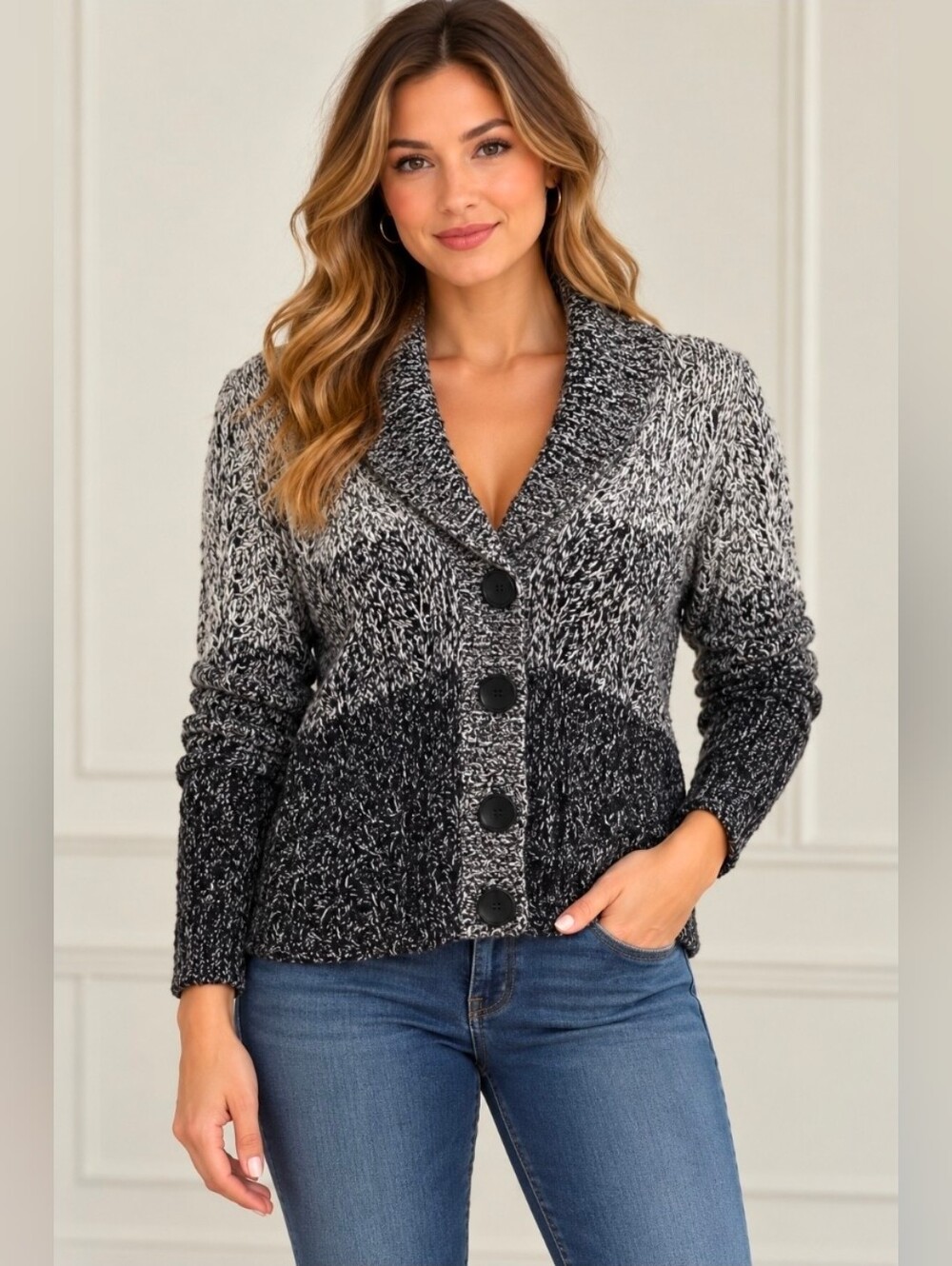 Caslon Black & White Marled Shawl Collar Cardigan